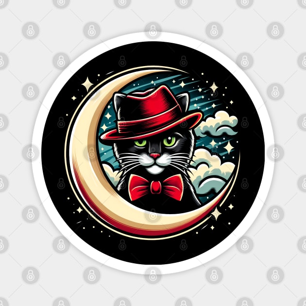 A black cat with a bowtie on the moon Magnet by MakerMind8.2